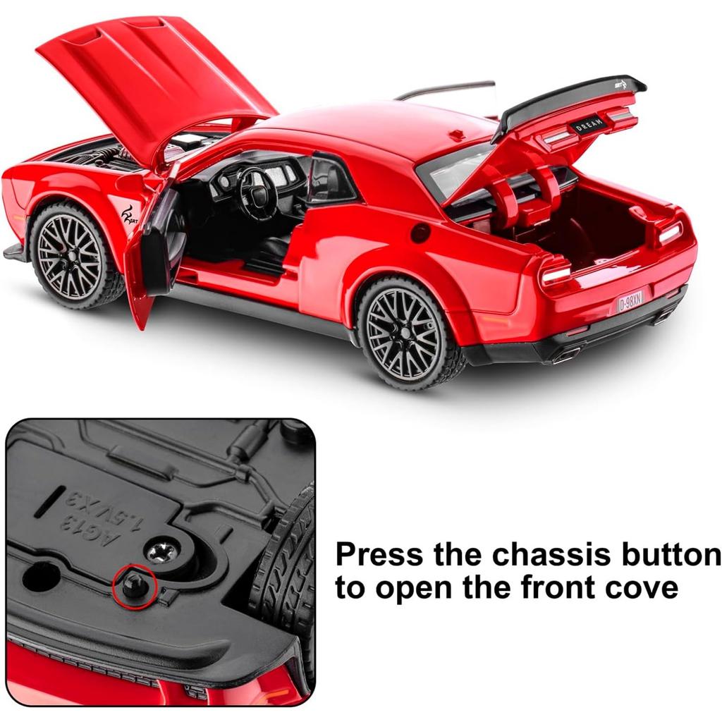 Maßstab 1/32 Dodge Hellcat Challenger Diecast Metall Rückzug Modellauto Hellcat mit Sound und Licht Hellcat Auto Spielzeug Geschenke für Kinder ab 3 Jahren