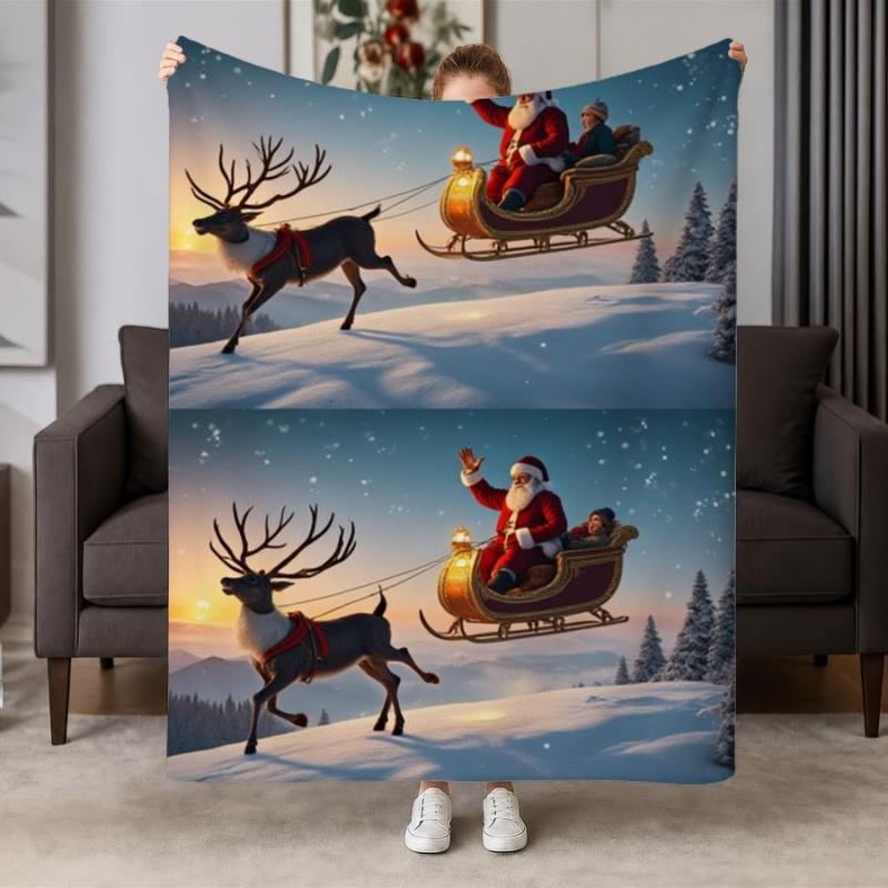 Merry Christmas Pine Wreath Candy Cane Gift Box Snow Scene Flannel Throw Blanket, Winter Holiday Decorative Blanket for Sofa
