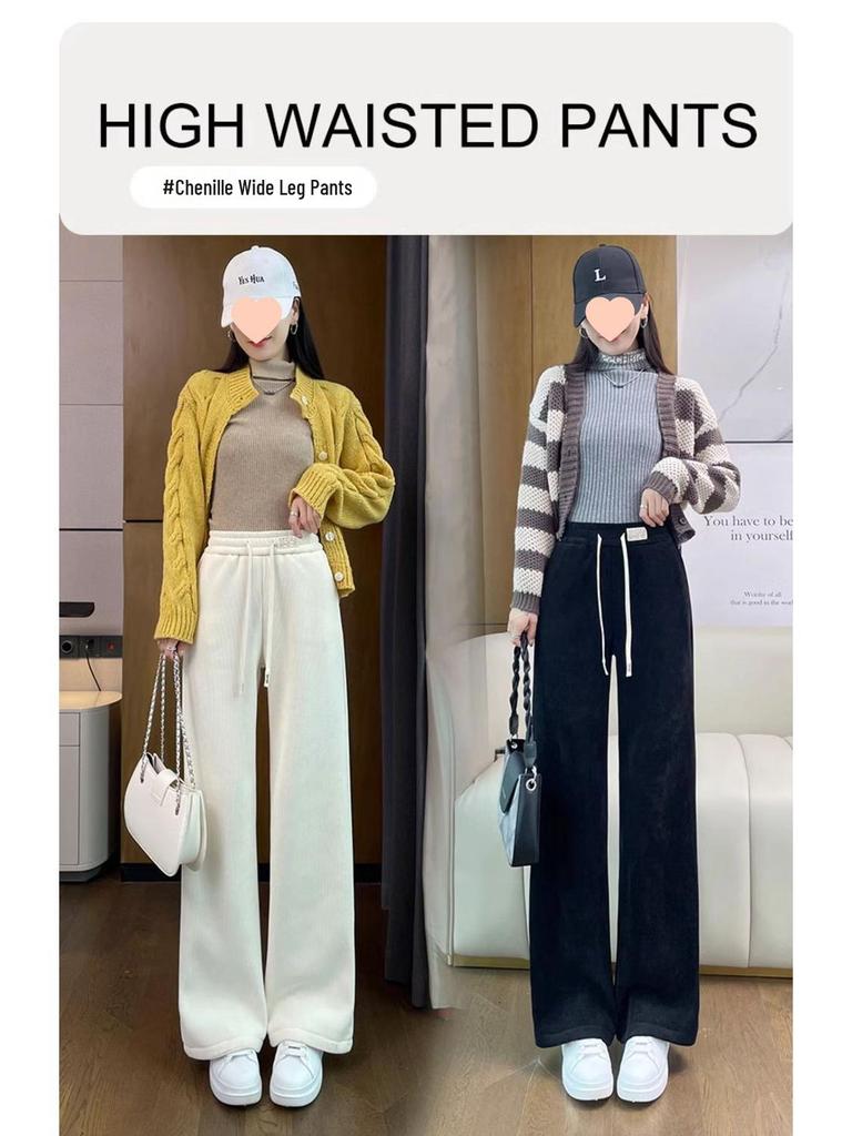 European Cotton Velvet Wide-Leg Pants for Women - Thickened, Loose Fit, Straight-Leg, Small Size, Casual, Perfect for Autumn and Winter