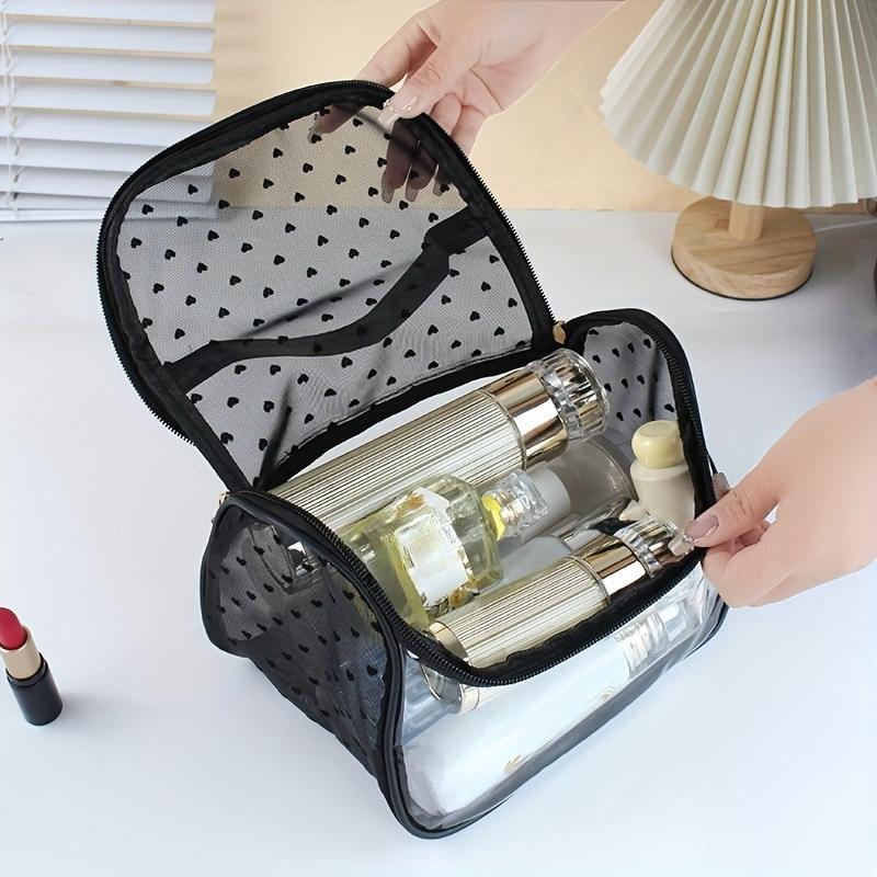 Stylish Portable Black Travel Makeup Bag, Large Capacity with Transparent Storage Pouches, Women's Mesh Washbag