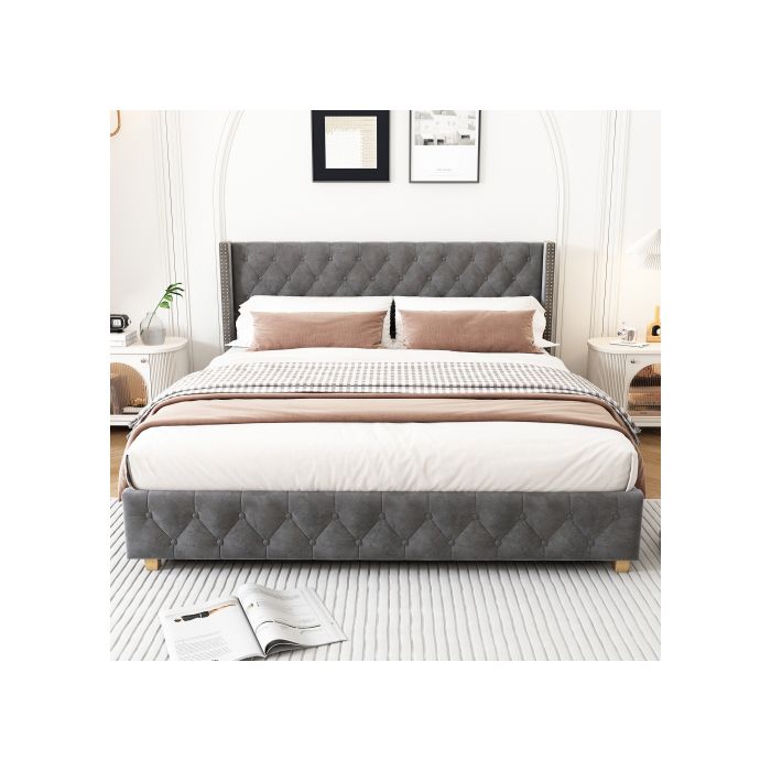 Lit Capitonné - MUVOE - 160x200 Cm - Tête De Lit Avec Boutons - Velours Gris - 2 Places