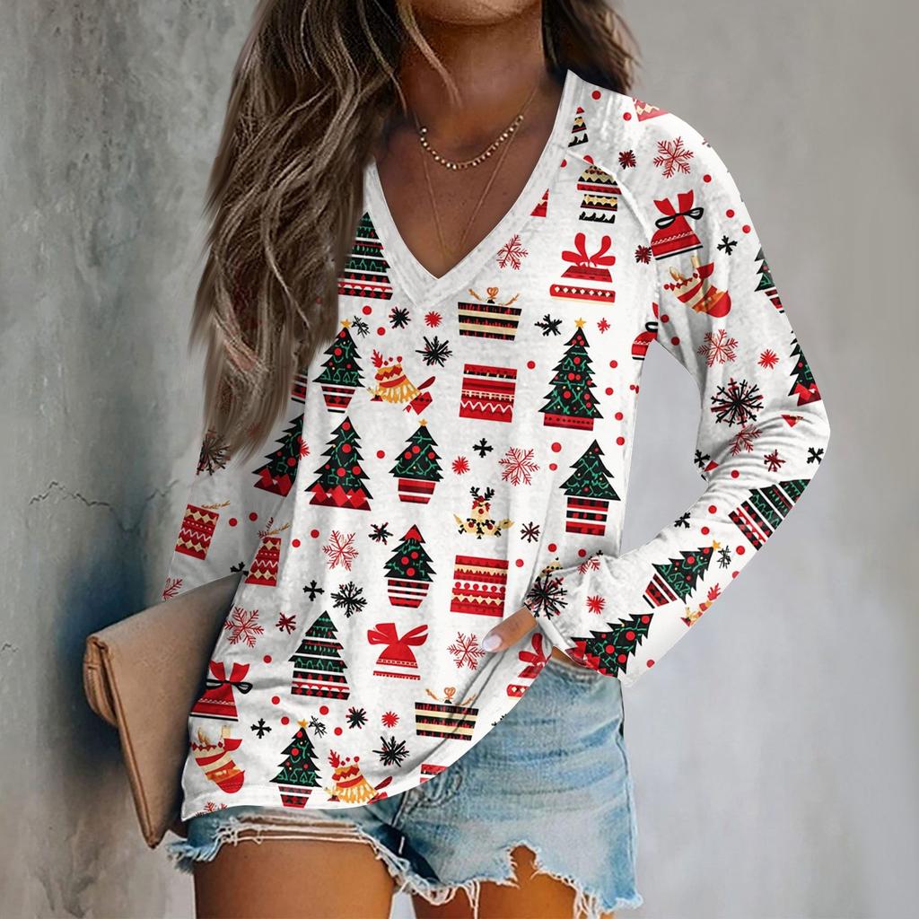 Women's Long Sleeve T-Shirt V-Neck ChristmasPrinted Casual Basic Tops