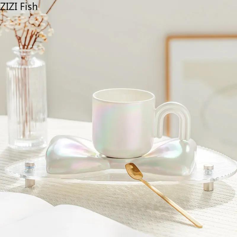 Bow Knot Coffee Cup Saucer Set Light Luxury Ceramic Mug Couple Afternoon Tea Coffee Cup Nordic Home Breakfast Milk Cup Gifts