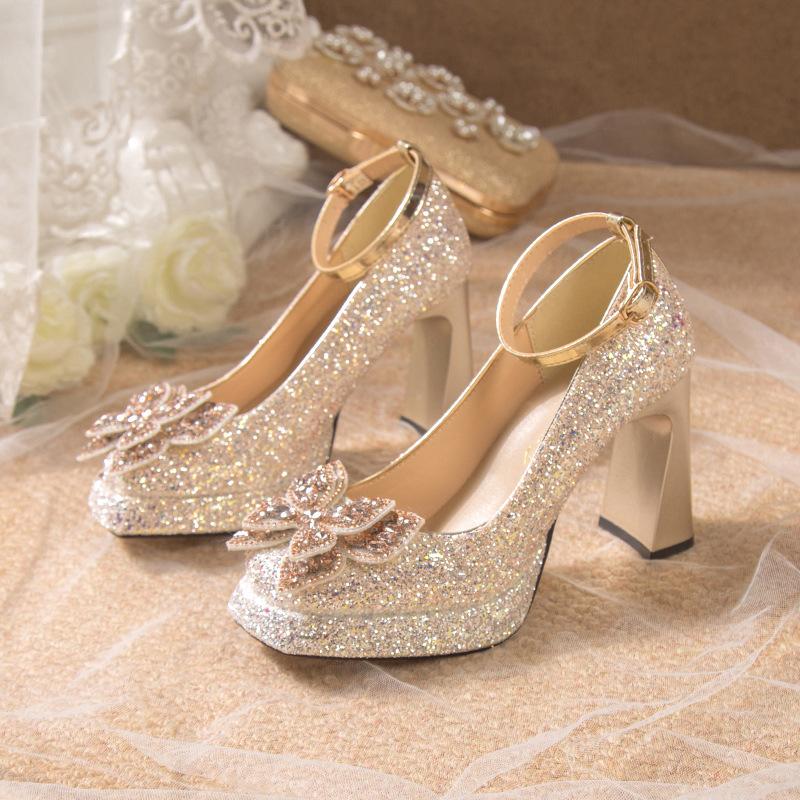 Fashion Comemore Women Pumps Rhinestone Mary Jane Women's Shoes Thick Bottom Ankle Buckle Wedding Bridal Chunky High Heels Single Shoes