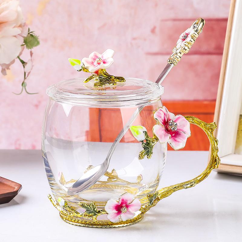Enamel Color Flower Teacup Household Glass Afternoon Tea Water Cup Light Luxury Crystal Cup High Temperature Resistant Cup