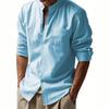 Camicia Casual da Uomo in Misto Lino con Collo Mandarino, Maniche Lunghe, Bottoni, Maniche Arrotolabili