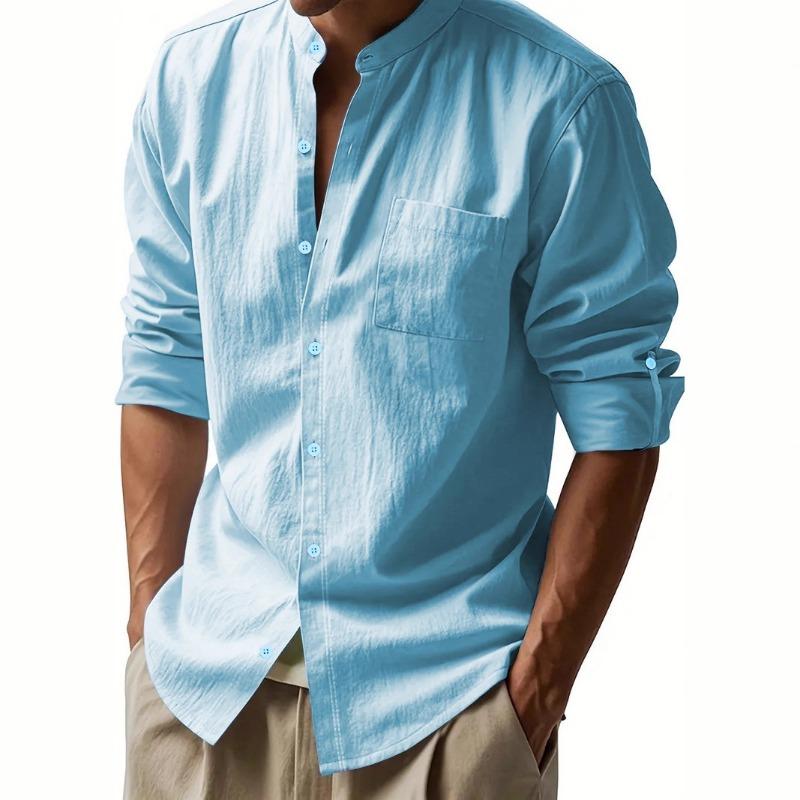 Camicia Casual da Uomo in Misto Lino con Collo Mandarino, Maniche Lunghe, Bottoni, Maniche Arrotolabili