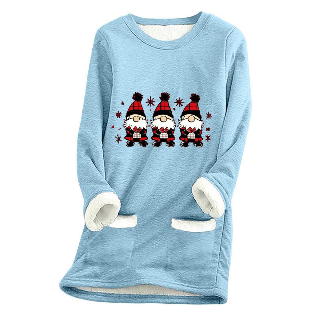 Ladies' Loose And Comfortable Round Neck Christmas Print Thick With Pockets Long Sleeved Top