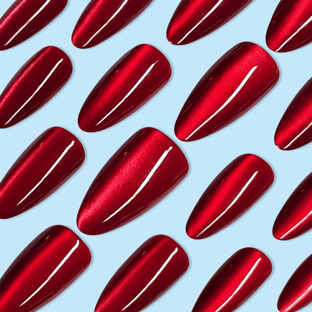 24pcs Glossy Red Cat's Eye Press On Nails Full Cover Nude Wearable Almond False Nails Charms Detachable Fake Nail For Girl