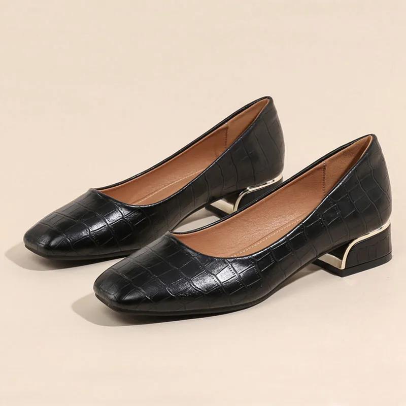 New Women Fashion Pumps High OL Basic Model Stone Pattern High Heels Shoes Ladies Square Toe Leather Casual Boat Shoes