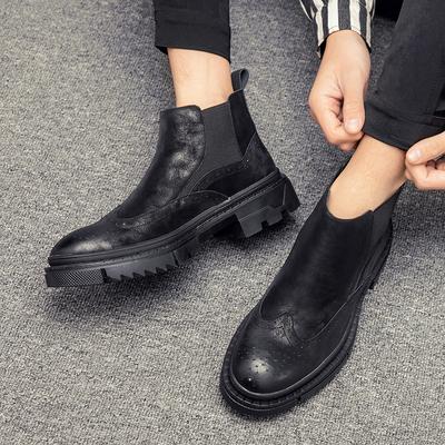 Leather Boots Men's New British Style Black High Top Motorcycle Boots Men's Winter Thick Soled Velvet Chelsea Boots