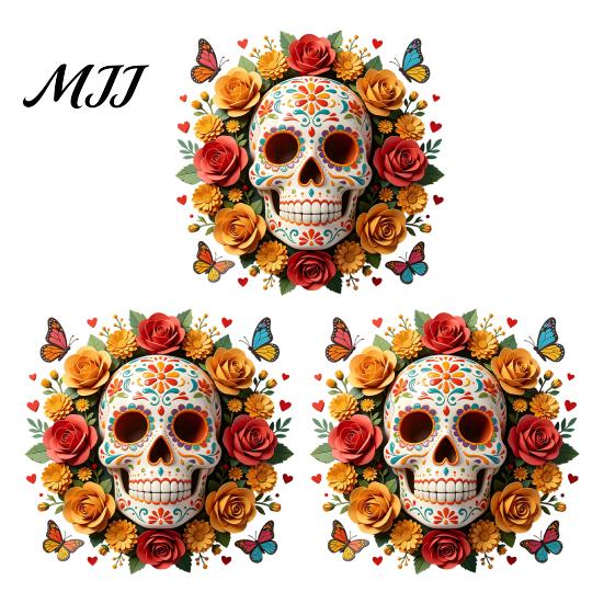 Reusable Floral Skull Stickers Day of The Dead Flower Static Sticker, Colorful Mexican Glass Waterproof Outdoor Holiday Decorations Halloween