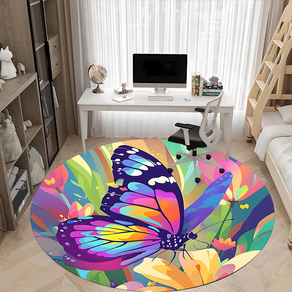 1PC Butterfly Garden Pattern Office Round Area Rug, Mat Suitable For Office, Under Office Chairs Bedroom Living Room Home Decor, Room Deco