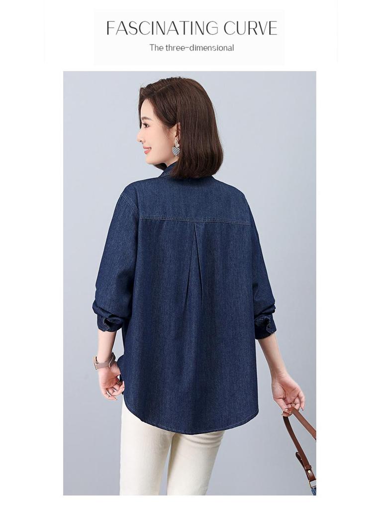 Women's European Style Denim Shirt Jacket, Spring/Autumn 2024, Plus Size, Loose Fit, Mid-Aged Mom Top.