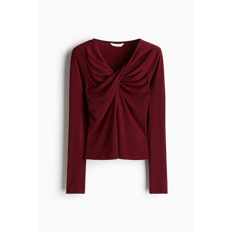 

Женская футболка HM 2025 Лето Новинка Приталенный V-образный вырез Длинный рукав Темперамент Формальное платье Топ с драпировкой-скруткой 1283566