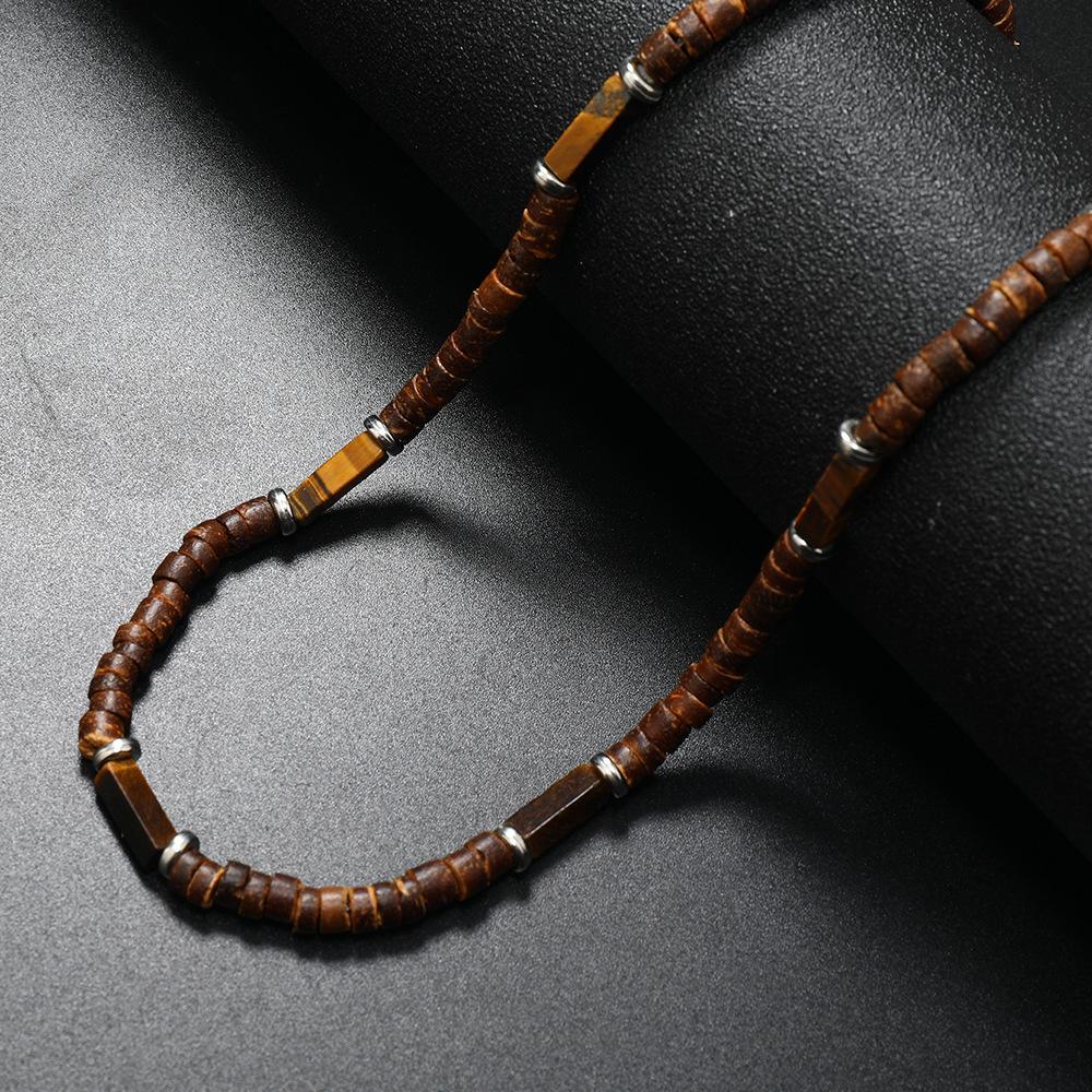 Coconut Shell Wood Bead Necklace with Natural Stone Bohemian Ethnic Unisex