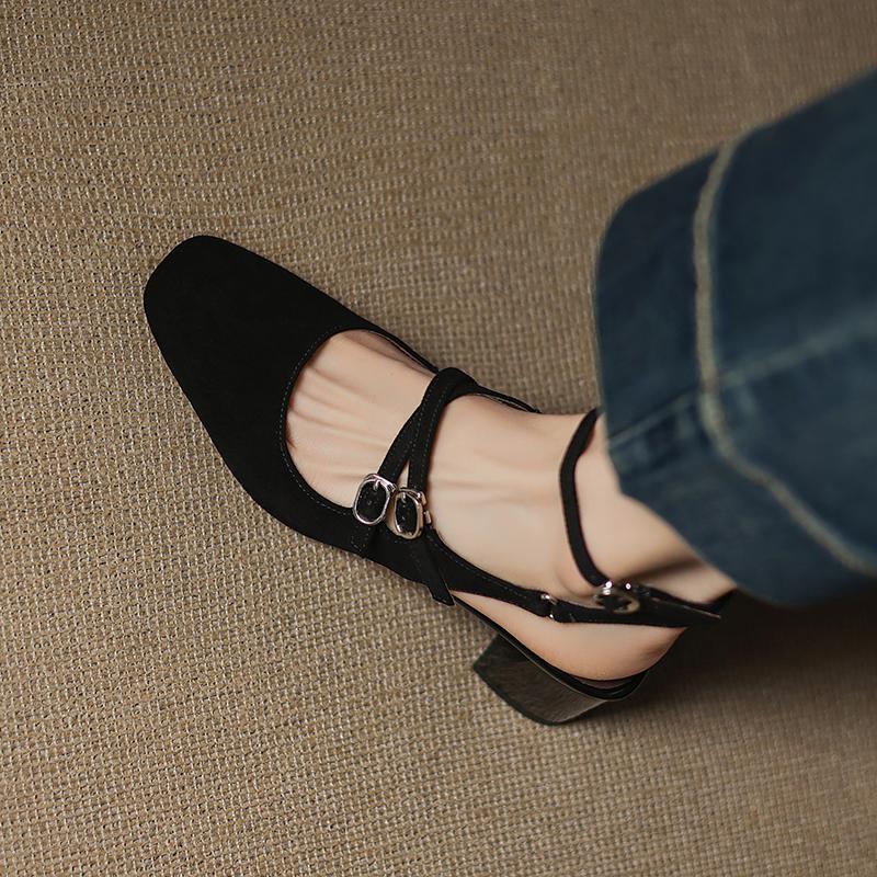 

Fashion 2025 New Summer Women Sandals Genuine Leather Women Shoes Square Toe Chunky Heel Shoes Cover Toe Shoes Cross-tied Sandals 40 чёрный