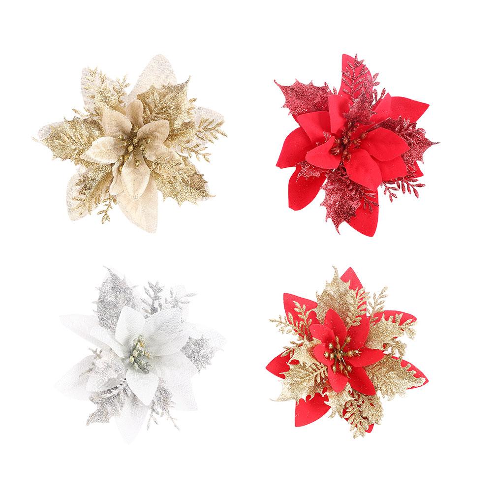 New Year Gift Fake Flowers Artificial Christmas Flowers Glitter Christmas Tree Ornaments
