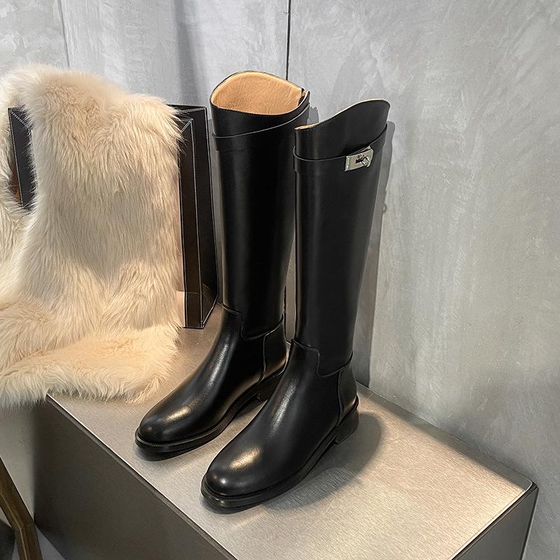Plateau-Lederstiefel für Damen im Herbst und Winter 2025, neue hochschaftige High-Knight-Stiefel mit dickem Absatz und Diamantschnalle, aber Kniestiefel für Damen