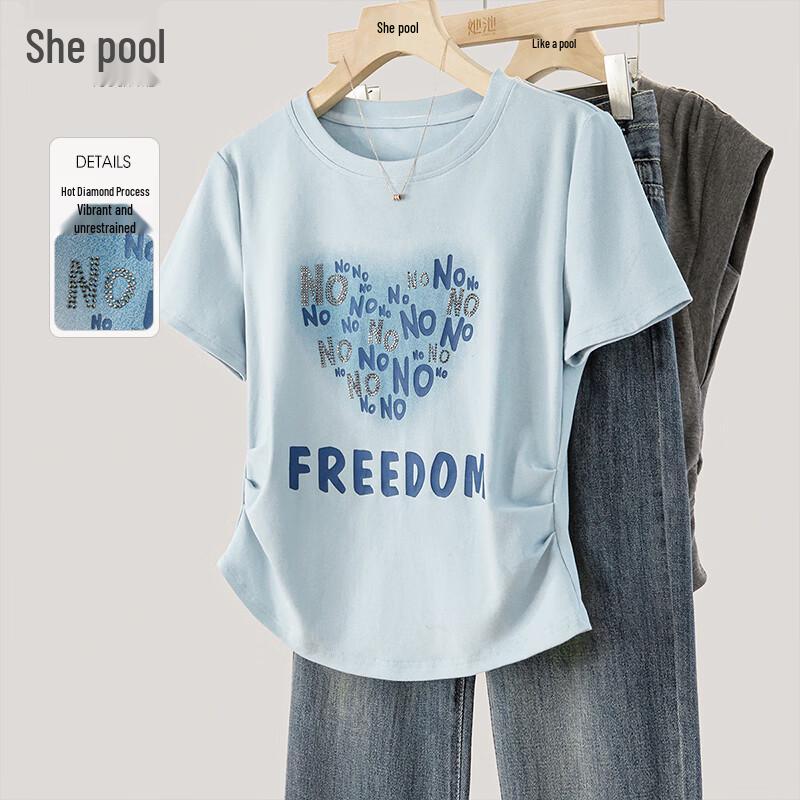 She Chi Women s Summer Rhinestone Letter Print Crew Neck T-Shirt L