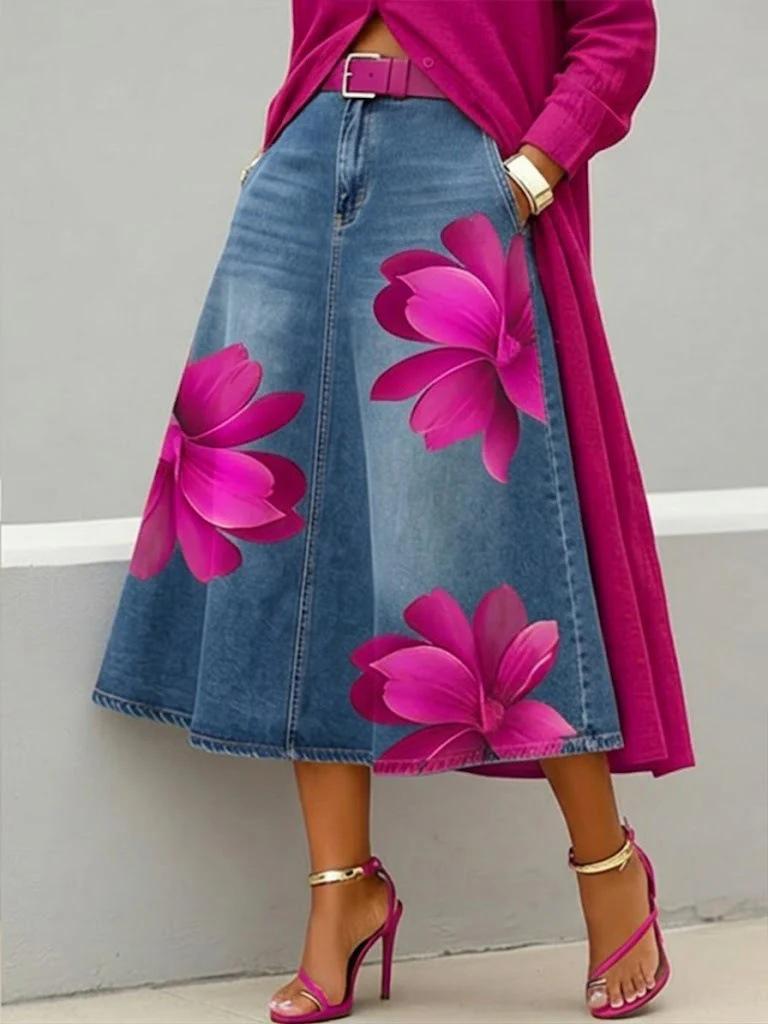 2026 European & American Fashion Faux Denim Floral Women's Half Skirt