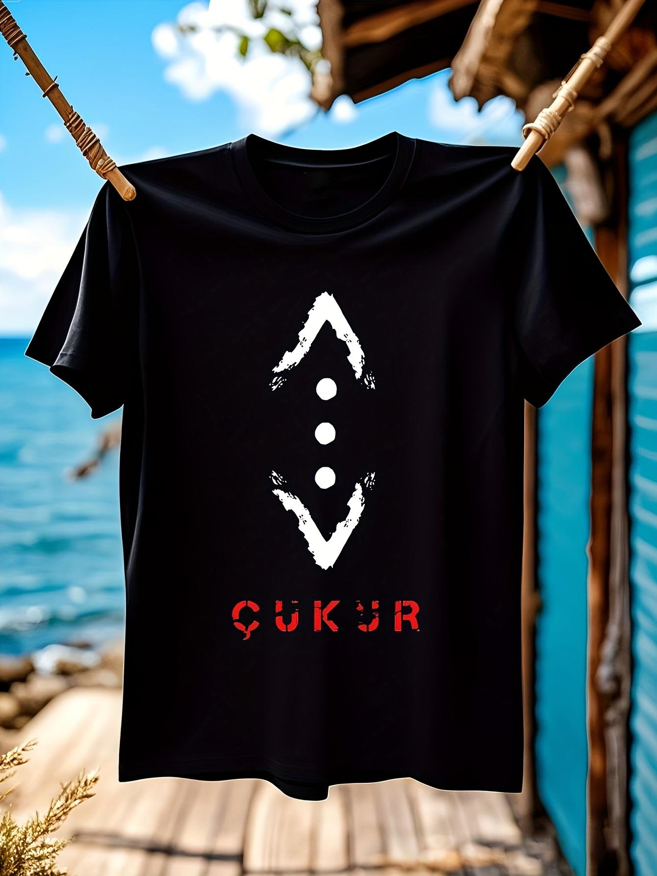 Casual Graphic T-shirt - Black with White & Red Geometric Print XXL