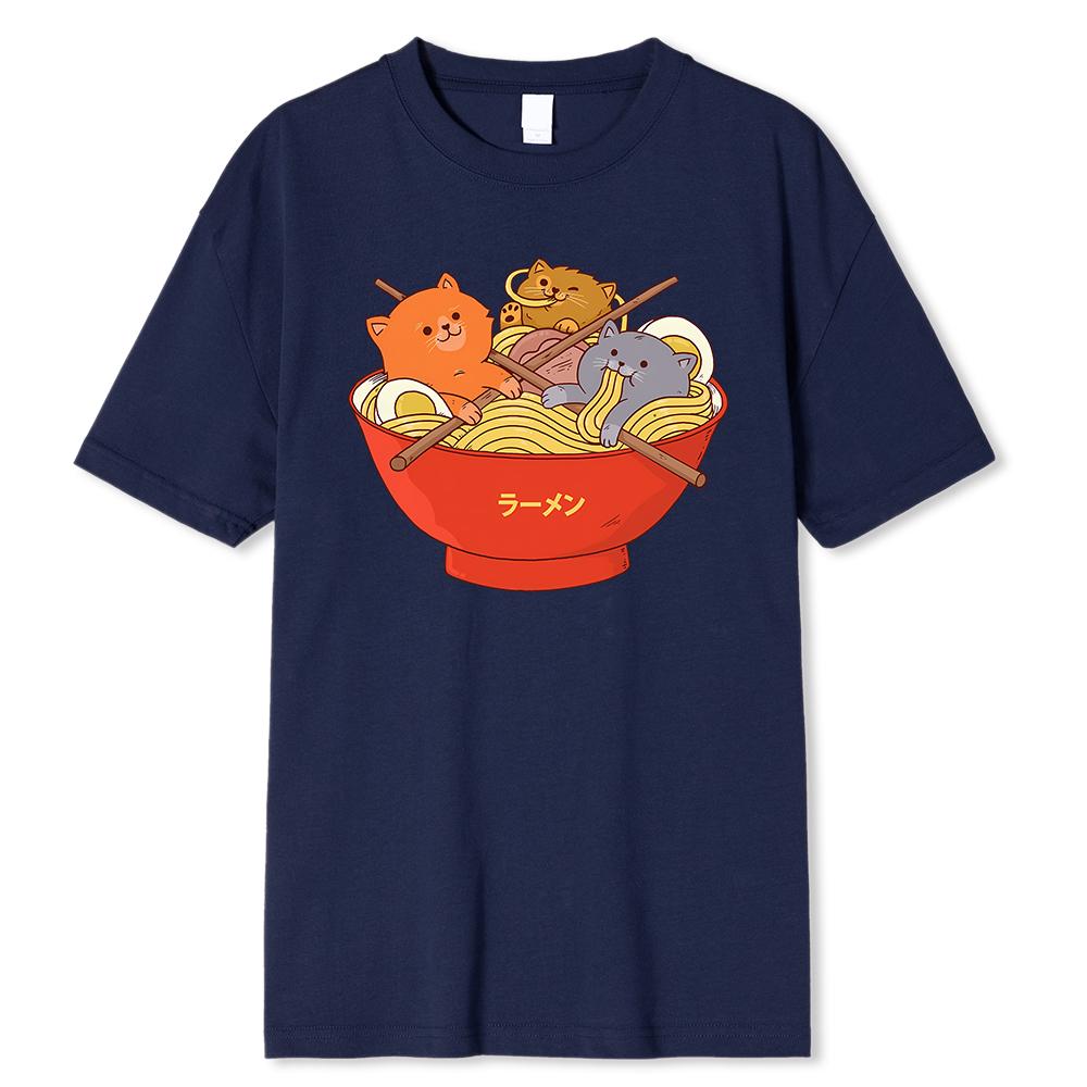 Japanese Style Cute Cats In Noodies Bowl Printed T Shirts Men Breathable Loose Clothing Casual Tshirt