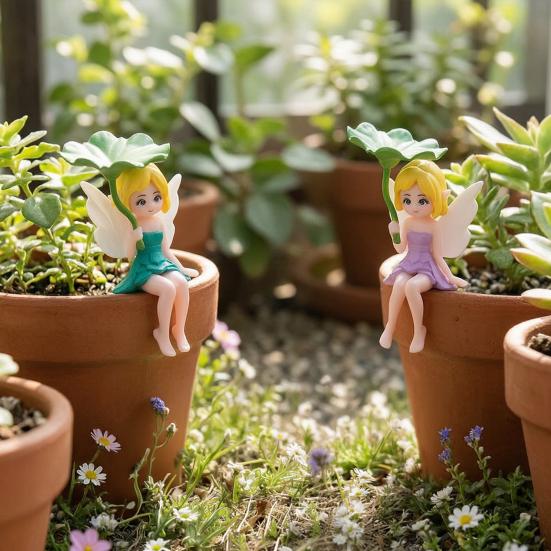 Yousheng 4 Pcs Miniature Fairy Figurines, Tiny Winged Elf Lotus Leaf Statue for DIY Fairy Garden, Flower Pot, Bonsai, Micro Landscapes, Craft
