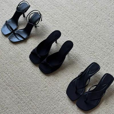 Slippers die vrouwen dragen zwarte strik in lente en zomer 2025 satijn vismond open teen met sandalen stiletto hoge hakken