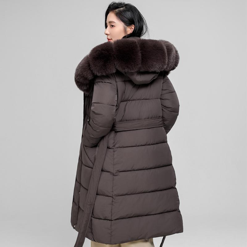 Dam Vinter Långa Kappor Med Huva Stor Fuskpäls Krage Elegant Tjock Varm Vinterparkas Kvinnlig Jacka Med Bälte