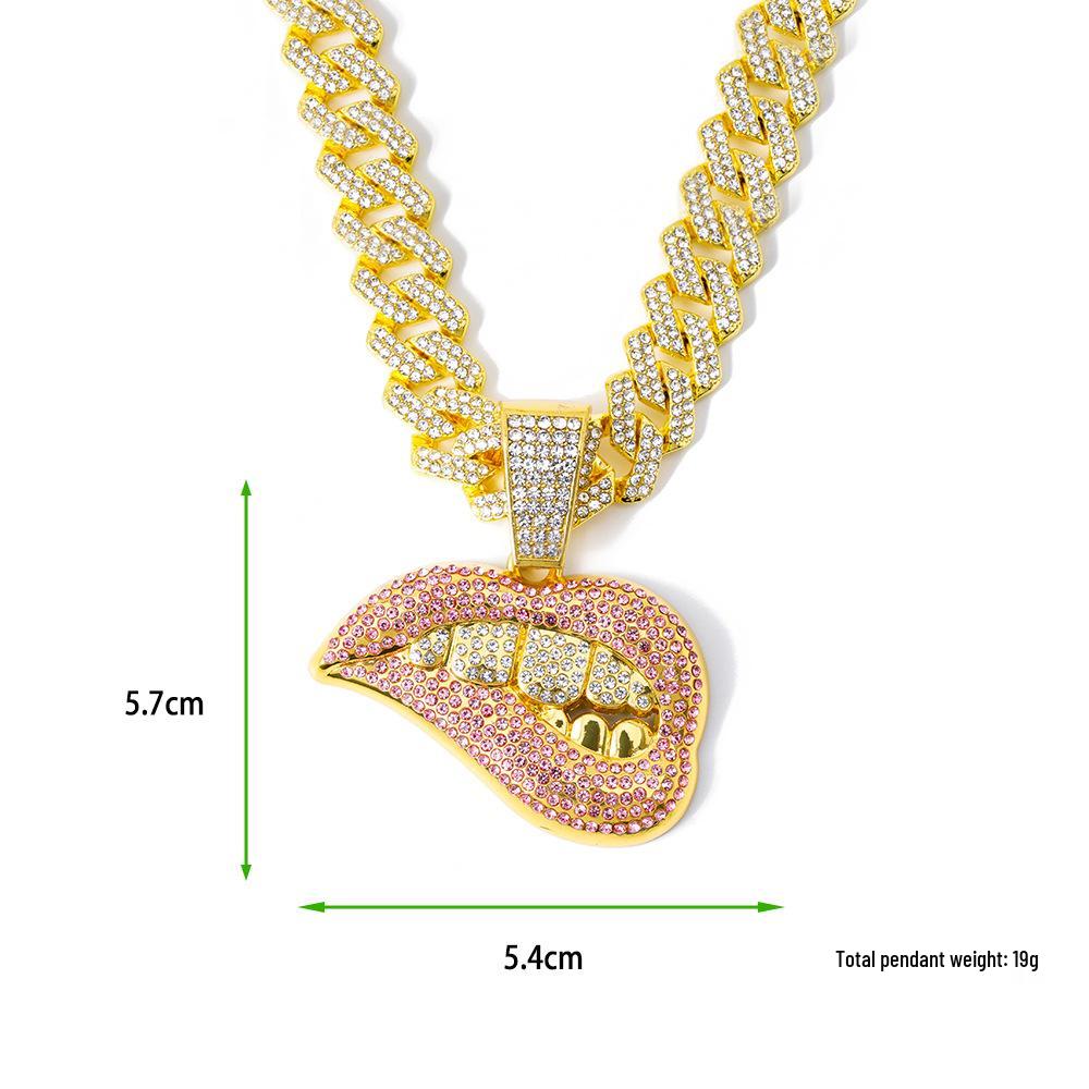 European & American Hip Hop Colored Diamond Biting Lips Pendant Necklace - Creative Cuban Chain Collection