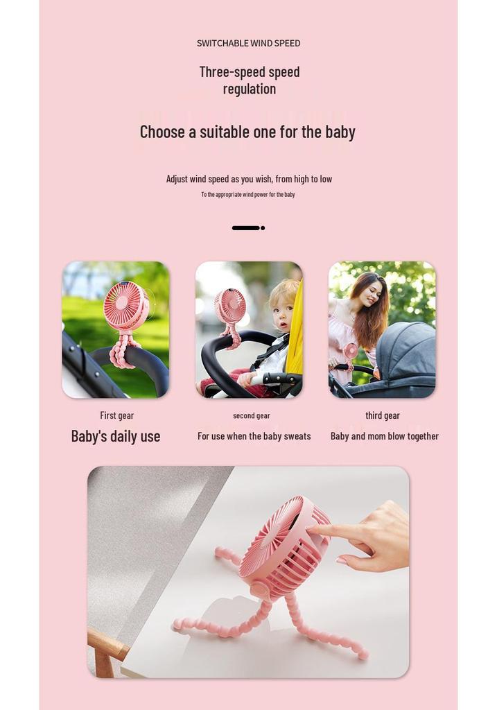 Portable Octopus Baby Stroller Fan, USB Rechargeable, Foldable, Handheld, Desktop Mini Fan