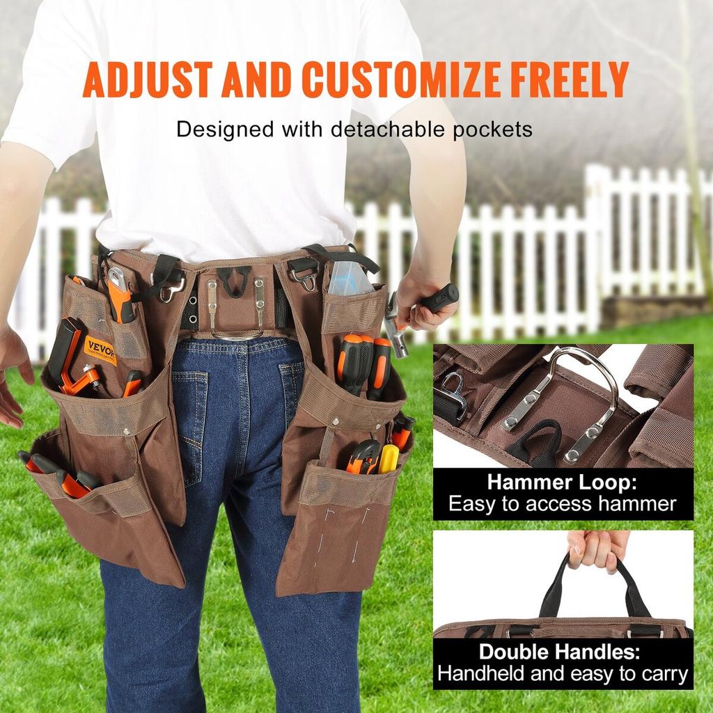 Tool Belt, 19 Pockets, Adjusts from 32 Inches To 54 Inches, Polyester Heavy Duty Tool Pouch Bag, Detachable Tool Bag for Electrician, Carpenter,