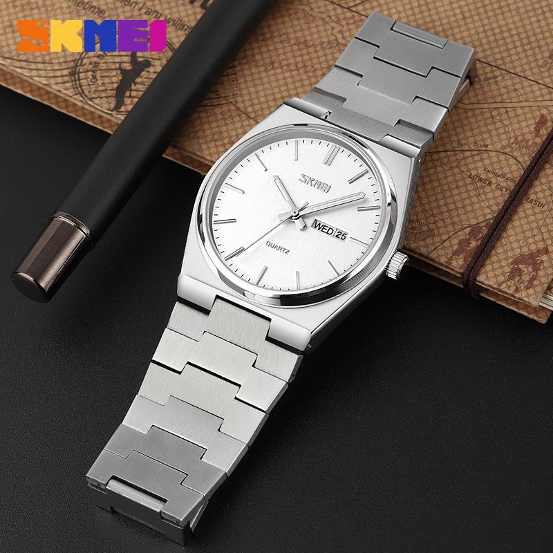 Skmei Men's Business Casual Quartz Watch, Stainless Steel, Double Calendar, Thin Design