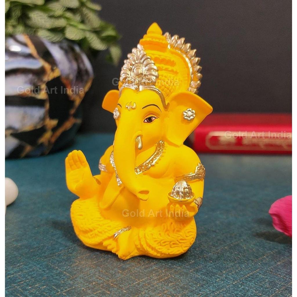 Yellow Mukut Ganesha - Good for Divine Home/Office Decor, Car Dashboard Idol, Housewarming Gift