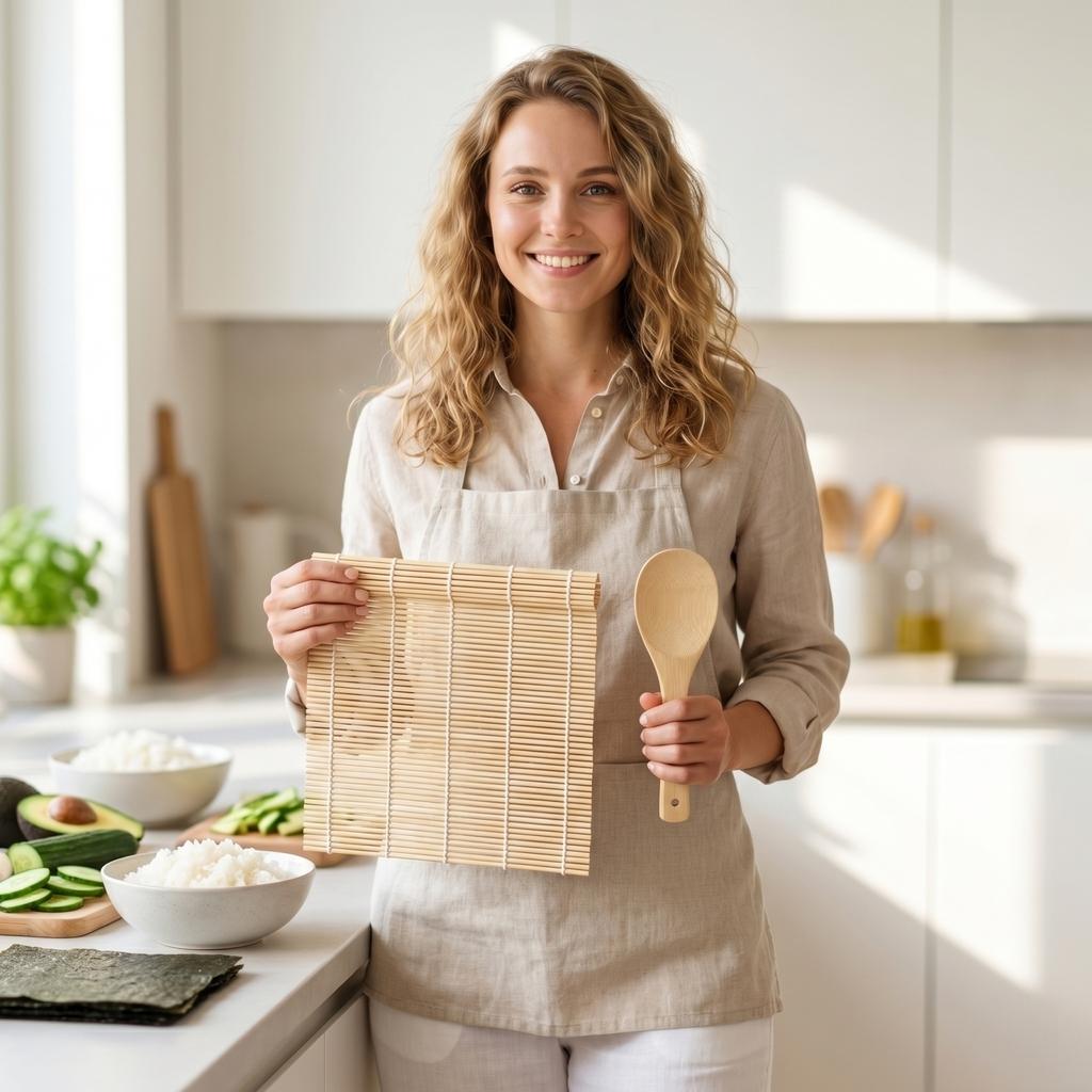 Tappetino per Arrotolare Sushi in Bambù con Set di Paletta per Riso per Preparare Sushi Fatto in Casa Utensile da Cucina Stile Giapponese Tradizionale