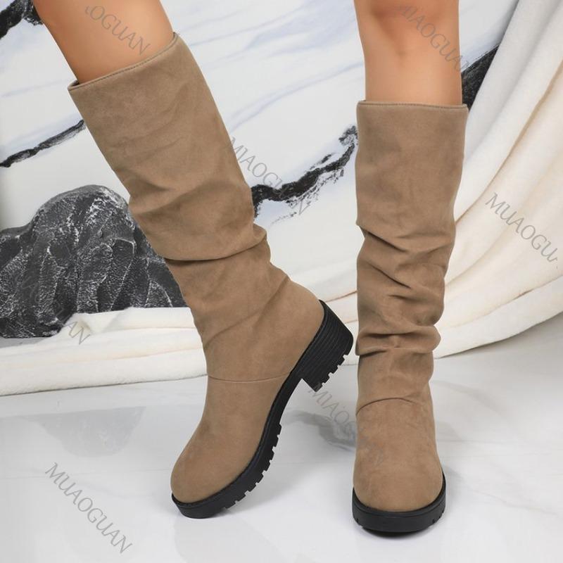 Fashion Boots for Women 2025 Spring Autumn Suede Thick Medium Heel Pleated Mid-calf Boots Casual Platorm Solid Slip on Knight Booties