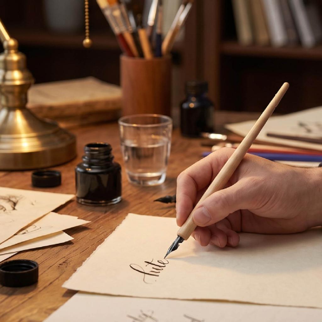 Traditional Wooden Handle Dip Pen Writing Pen with Stainless Steel Tip Comfortable Hold Great For Left Or Right Hander