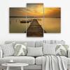 Dreiteiliges Bild auf Leinwand, Steg, Boot, See, Sonnenuntergang