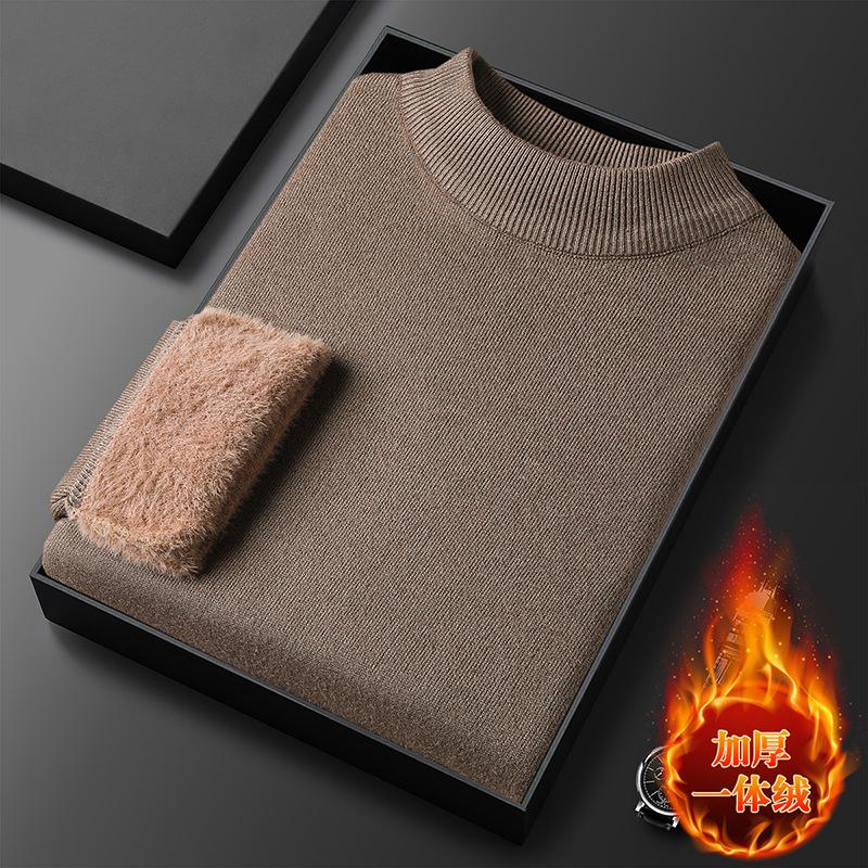 Popular Men's Autumn and Winter Integrated Fleece Semi-turtleneck Sweater Pullover Solid Color Knitted Sweater Men's Fleece Guarantee