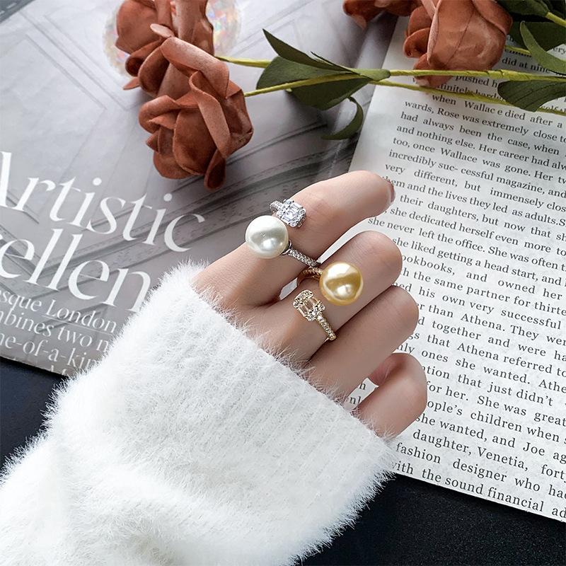 Jewelry Copper Platinum Plated Pearl Adjustable Ring Women 12Mm