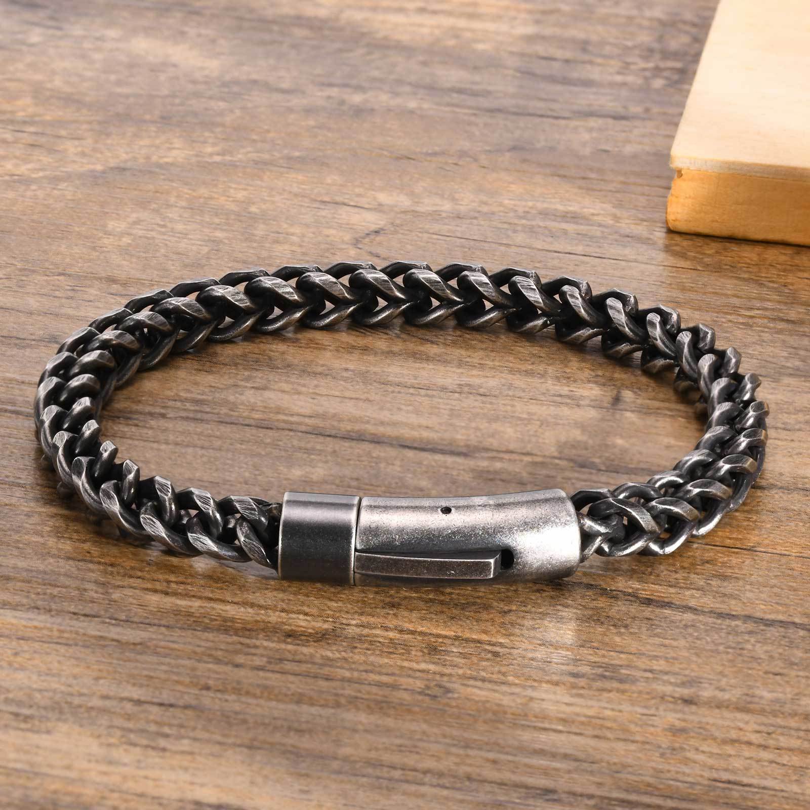 Men s Antique Silver Color Franco Chain Bracelet,6.3mm Stainless Steel Link Wristband Jewelry 21cm