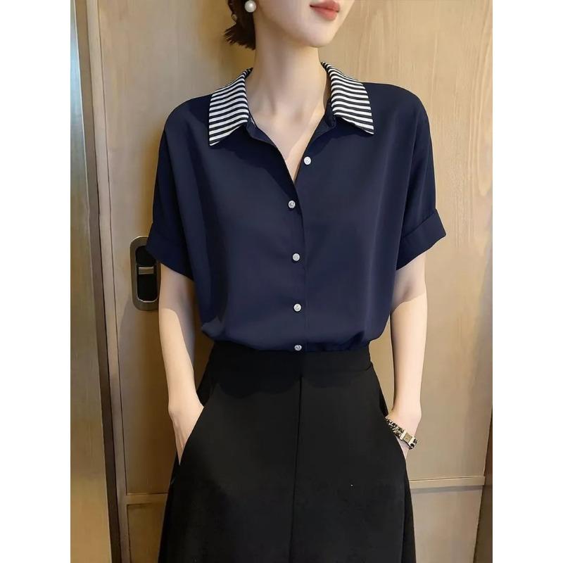 Women s Navy Color Contrast Striped Collar Short Sleeve Commuter Chiffon Blouse S