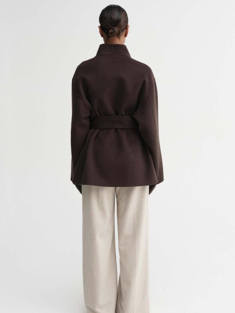 Spring Autumn Women's Coat Wool Brown Short Loose Tie Waist Overcoat for Women