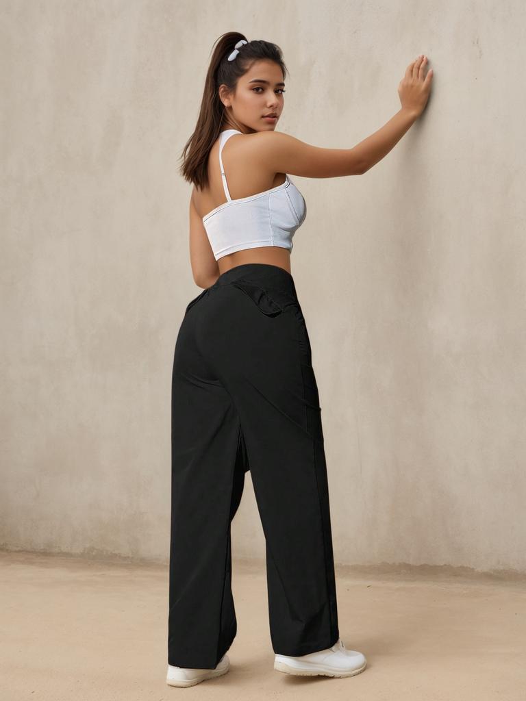 Rose Beauty A Women's Casual, Fashionable, Simple Solid-Colored Straight-Leg Pants Stretch wide legs Multiple buttons a row Trousers