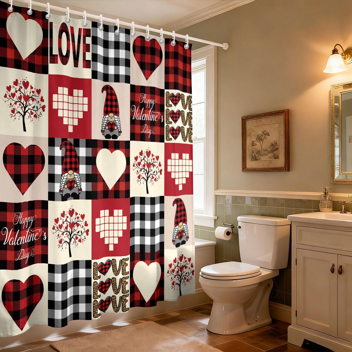 

1pc fabric splicing Valentine s Day love print waterproof privacy shower curtain with 12 hooks, multiple sizes, easy to install 90x180cm