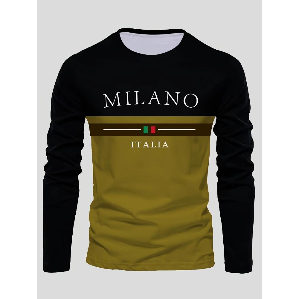 Vår och Höst Rundhals 3D Milano Italia Tryckt Topp Trendiga Casual Långärmade Herr T-shirts