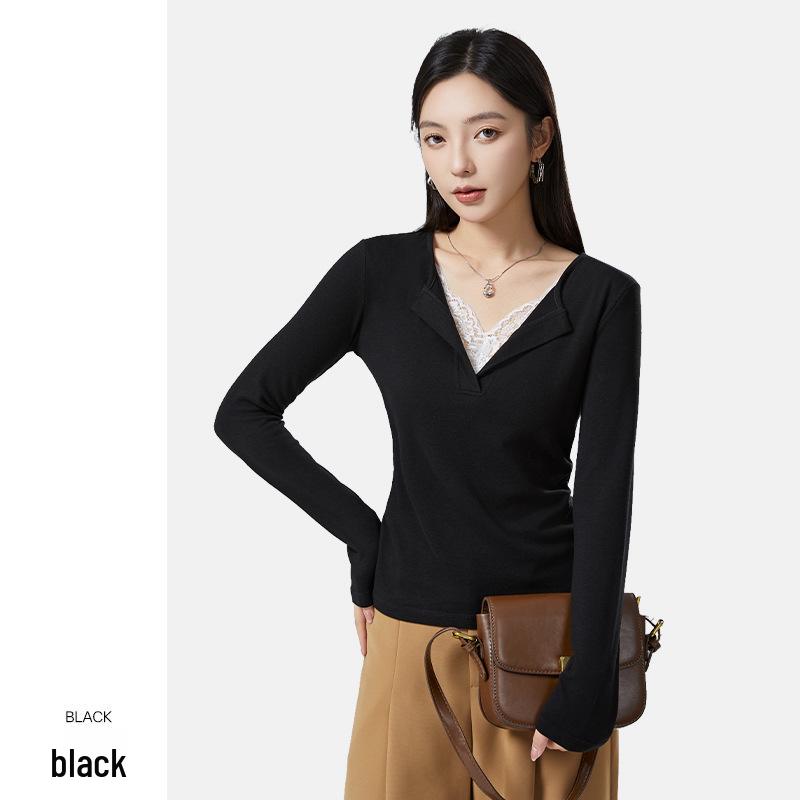 Antibacterial Women's Heated V-Neck Slimming Lace Patchwork Wool Long Sleeve T-Shirt
