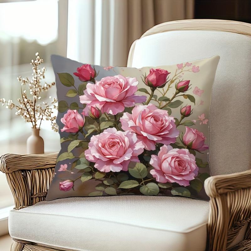 1Pc Pink Rose Floral Flower Themed Printed Throw Pillow Cover, Suitable For Sofa, Bedroom, Living Room, Romantic Gift For Women.