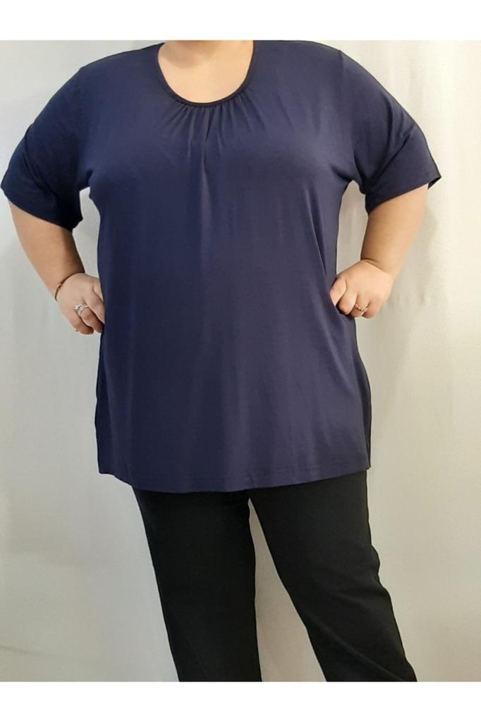 Women's Style Big Size T-Shirt Navy Blue Combed Cotton Viscose T-Shirt With Gathered Collar